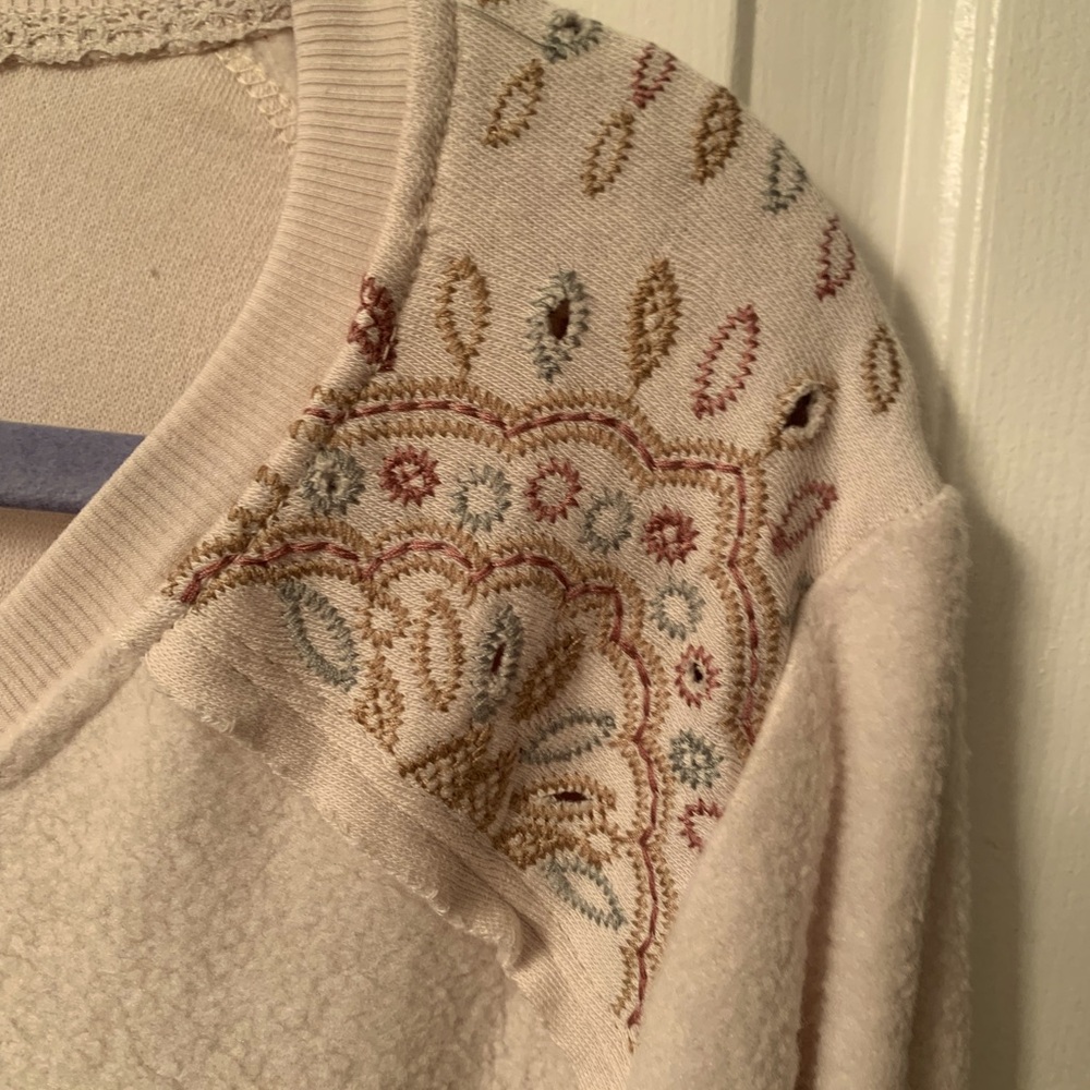 Democracy Long Blouson Sleeve Die Cut Embroidered Soft Sweatshirt, Ivory - Picture 3 of 10